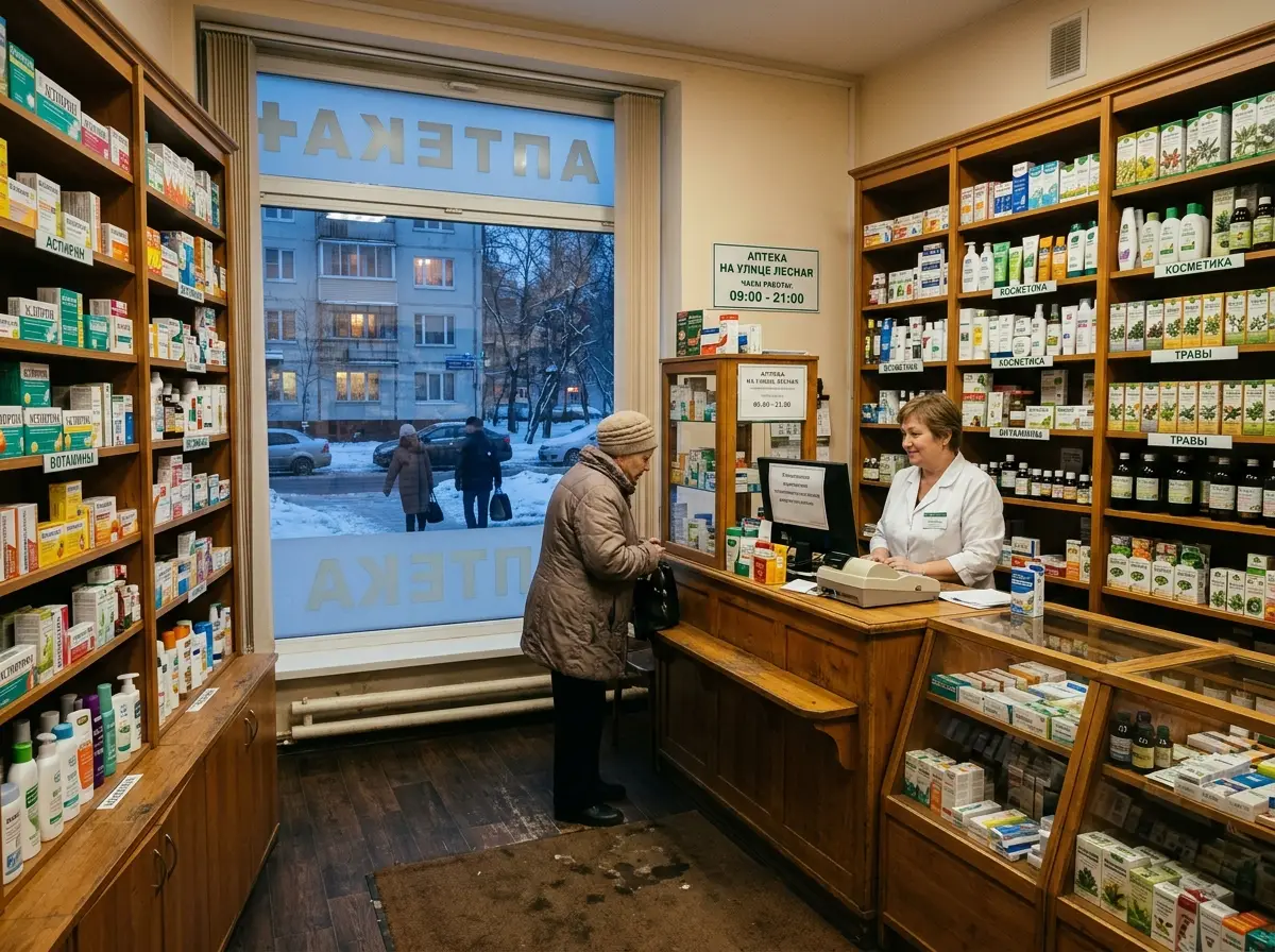 Небольшая аптека в жилом районе Москвы: уютный интерьер, деревянные полки с товарами, тихий вечерний свет через витрину