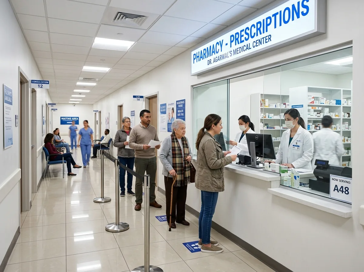 Аптека в медицинском центре: светлый коридор клиники, очередь у аптечного окна, белые халаты