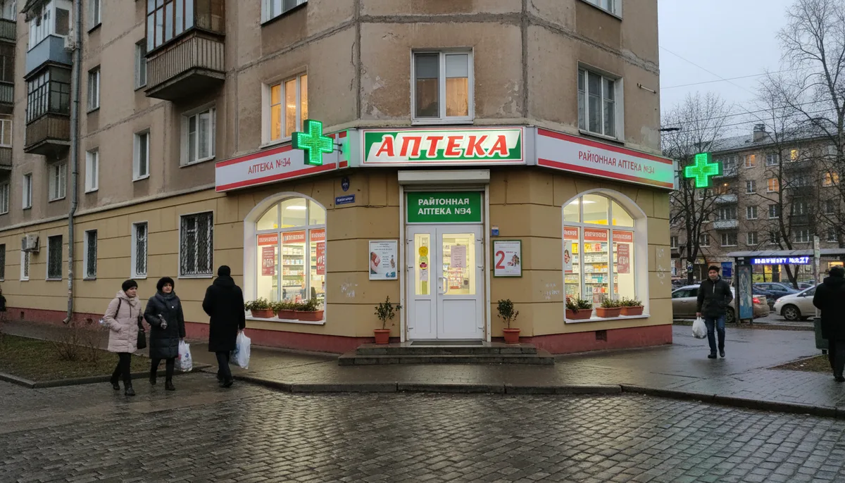 фасад районной аптеки в жилом квартале крупного российского города